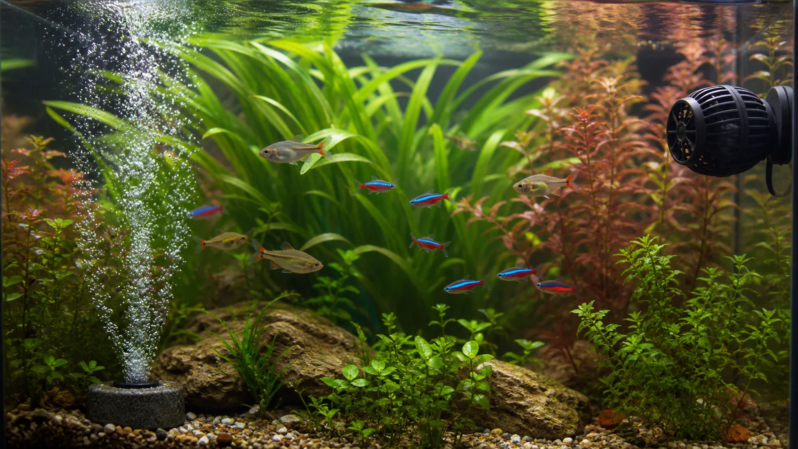 Aquarium aeration from an airstone and circulation from a guarded powerhead