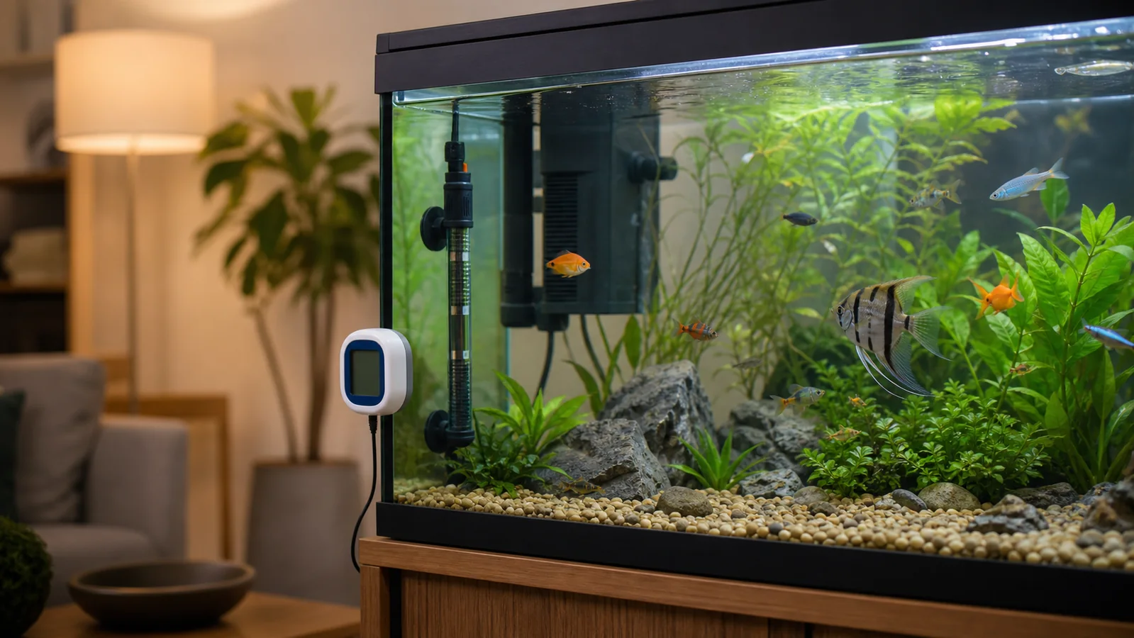 Safely installed freshwater aquarium heater with independent thermometer