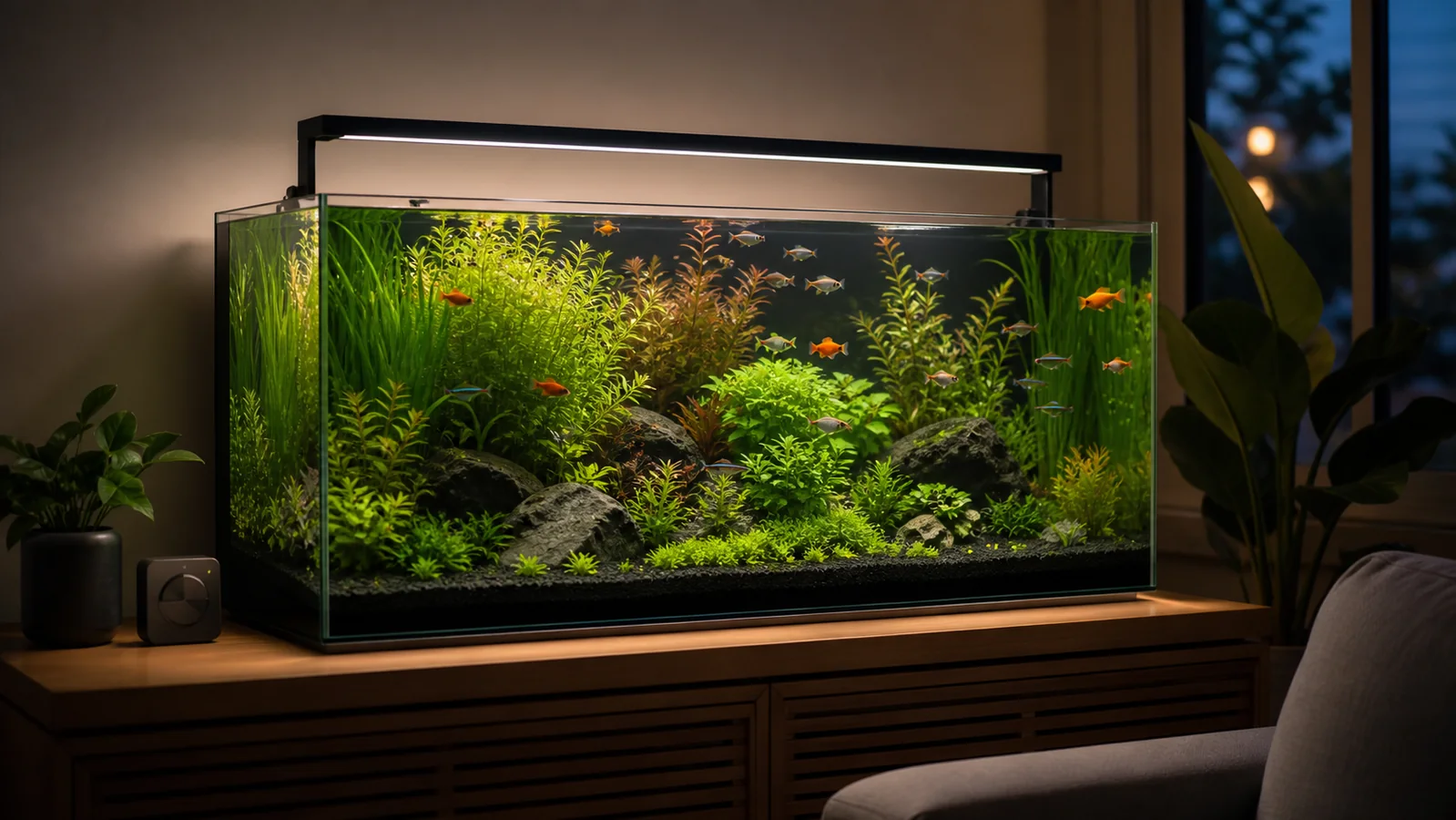 Planted freshwater aquarium under a timed LED lighting schedule