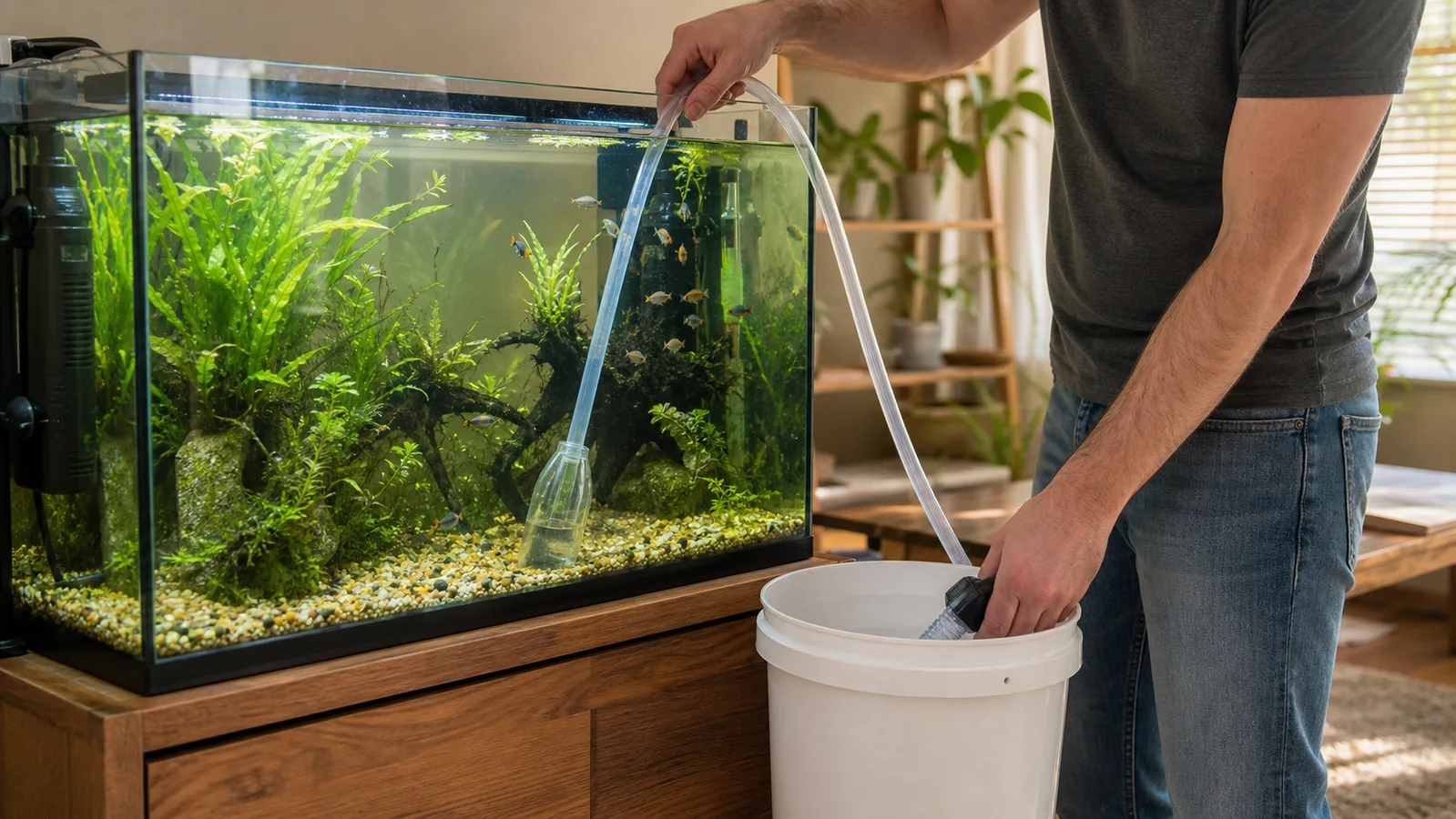 Responsible partial water change using an aquarium gravel siphon