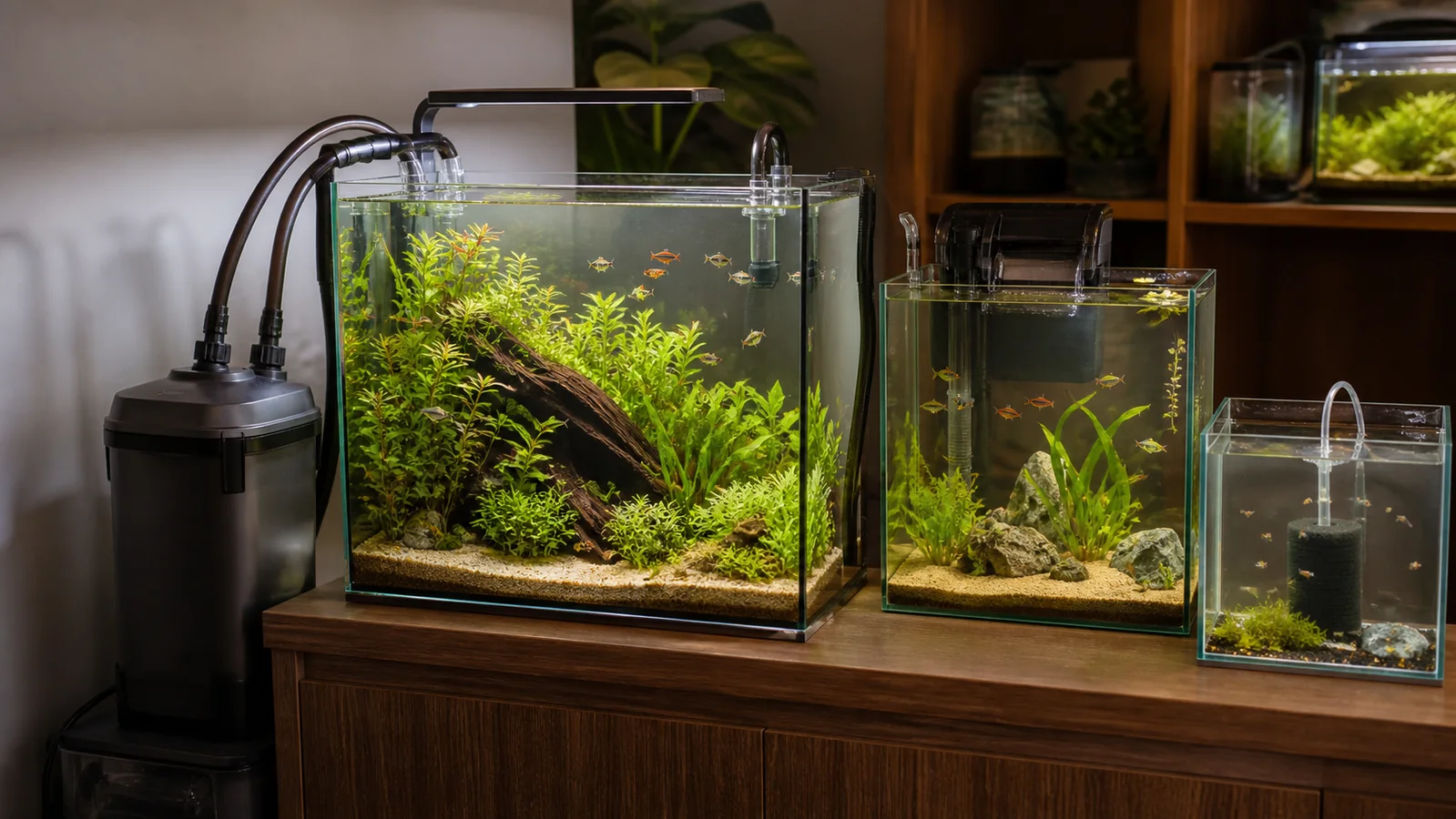 Canister, hang-on-back and sponge aquarium filtration systems compared