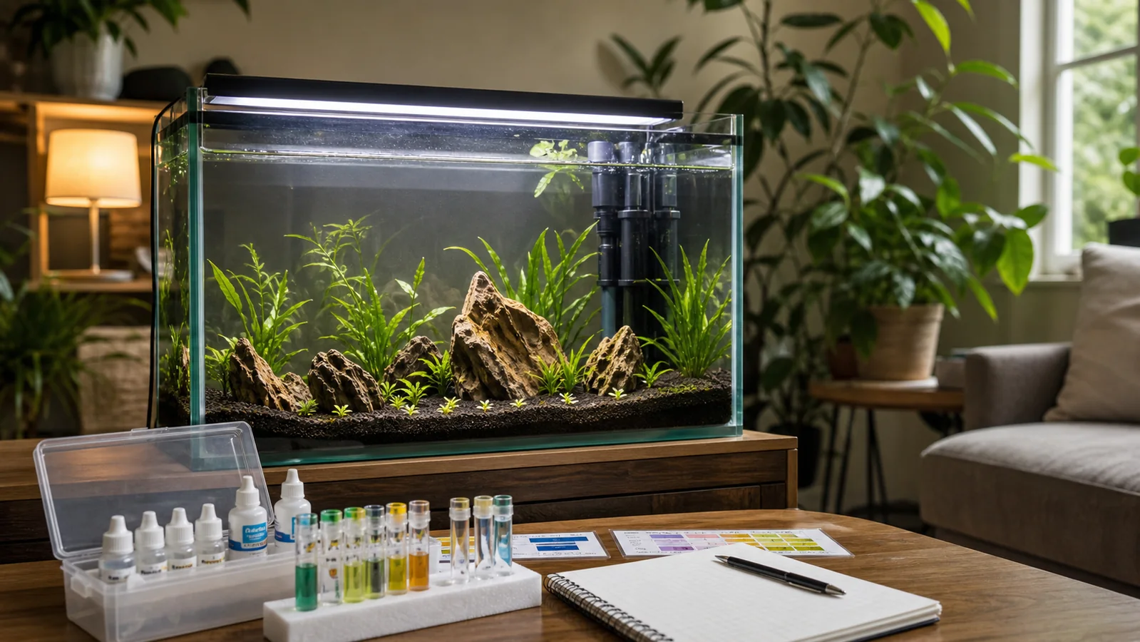 New planted aquarium undergoing a fishless cycle with water testing kit