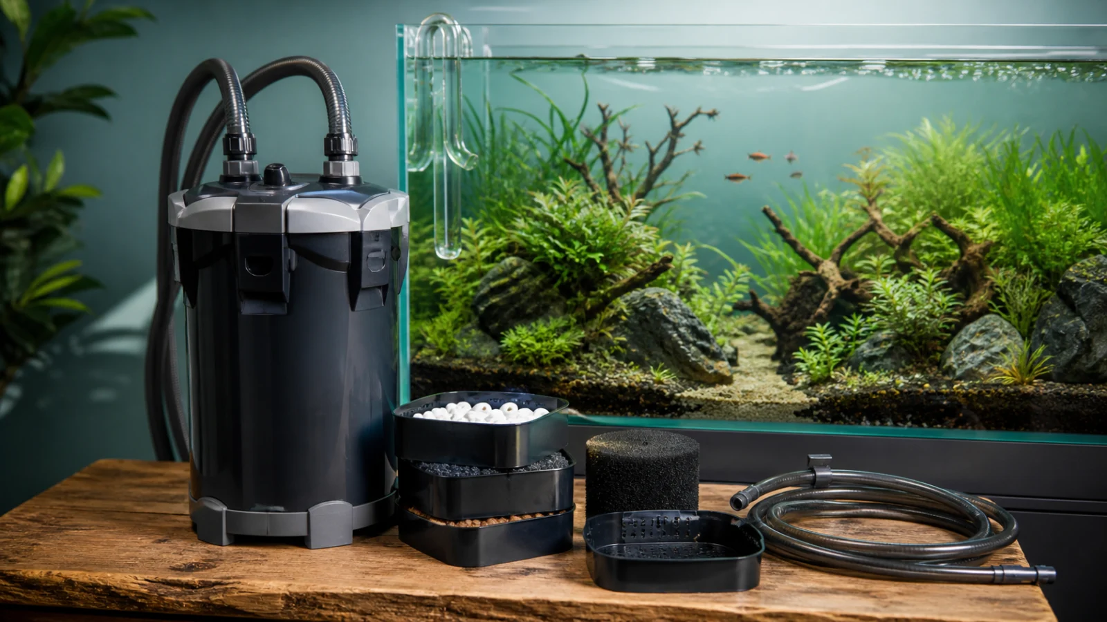 Canister aquarium filter beside a clear planted fish tank