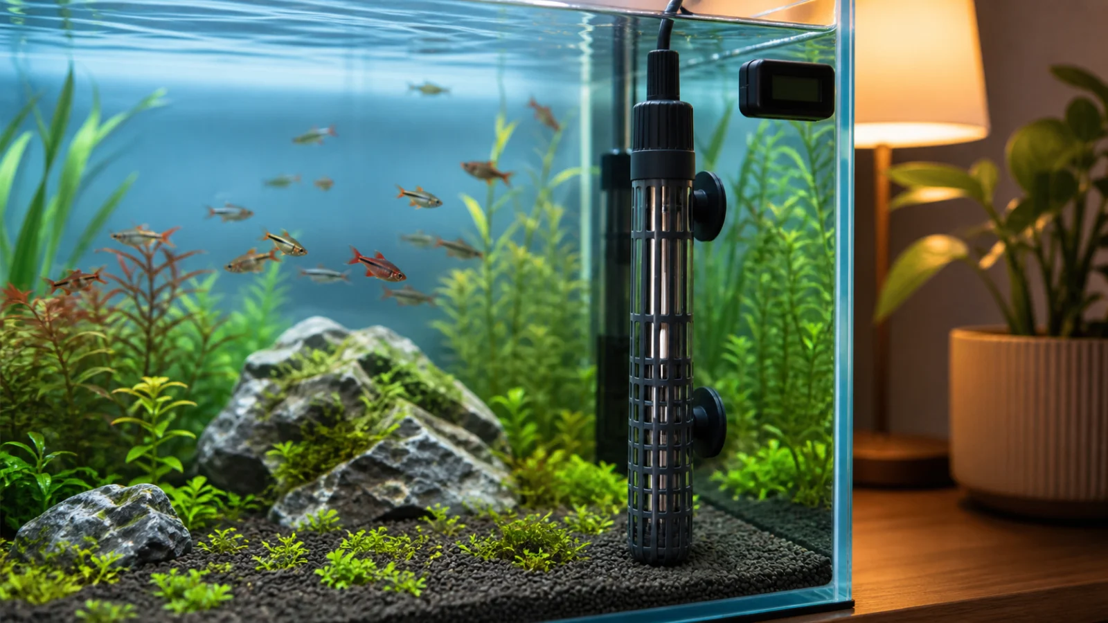 Protected aquarium heater installed in a planted fish tank