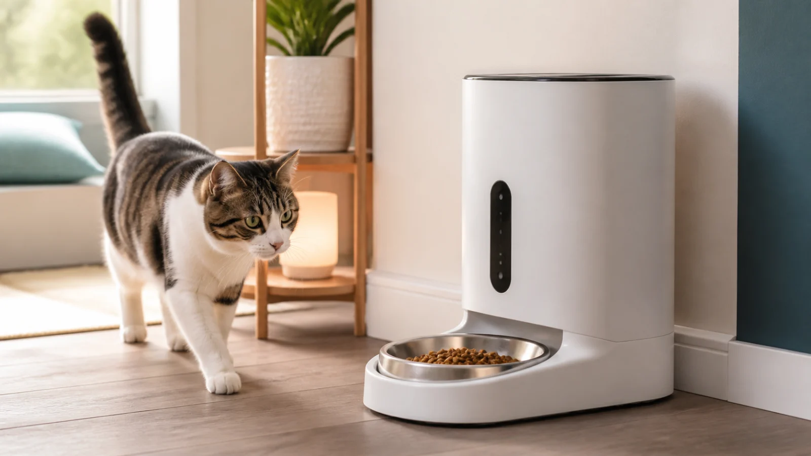 Automatic cat feeder in a warm home with a cat approaching