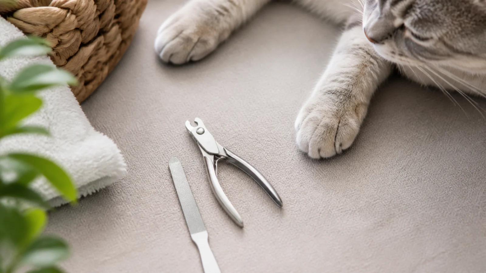 Cat nail clippers and file beside a relaxed cat