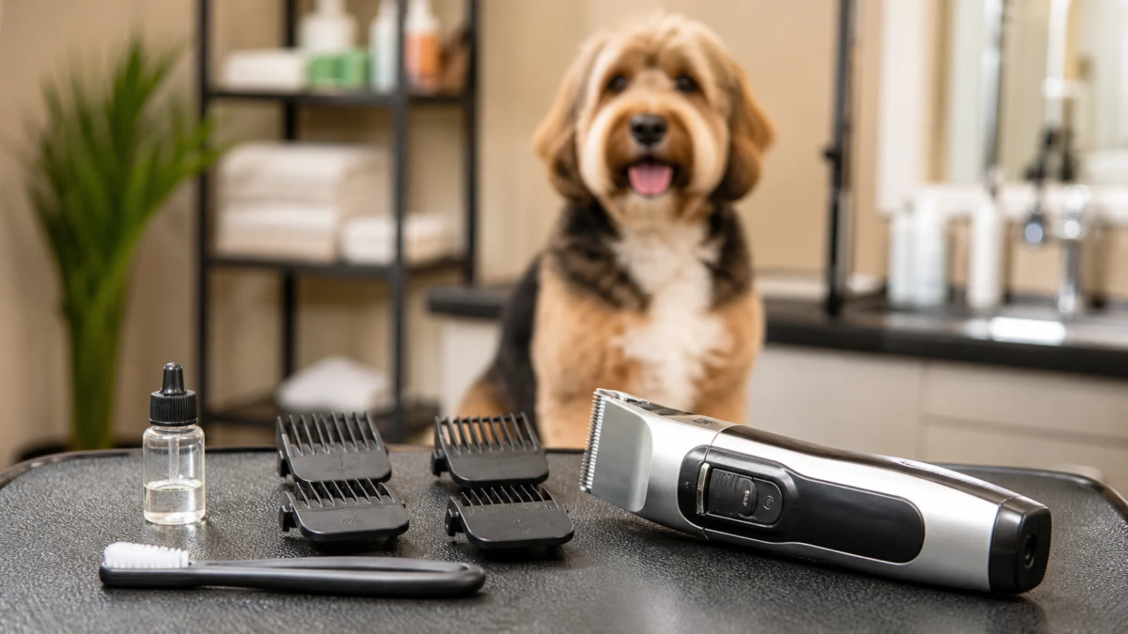 Dog grooming clippers and guide combs on a professional grooming table