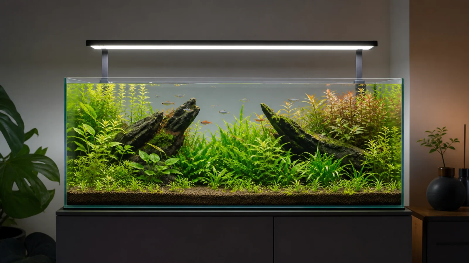 LED aquarium light illuminating a planted freshwater tank