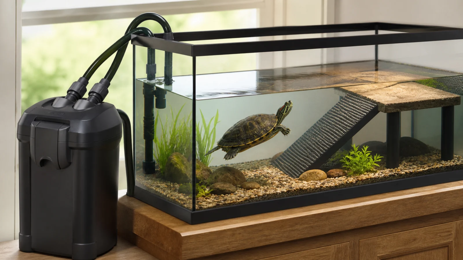 Canister filter beside a spacious turtle tank with a basking platform