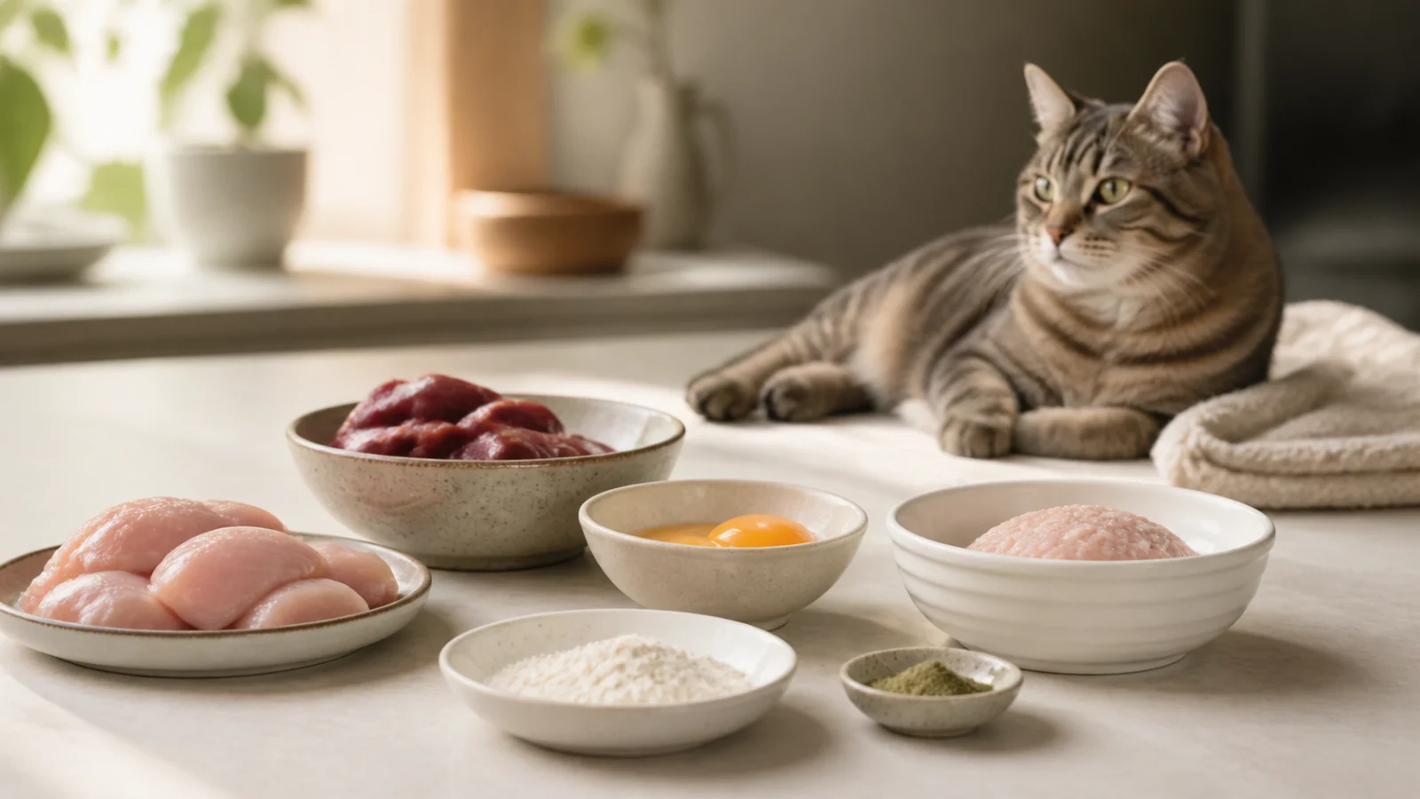 Fresh cat food ingredients arranged for an educational nutrition guide