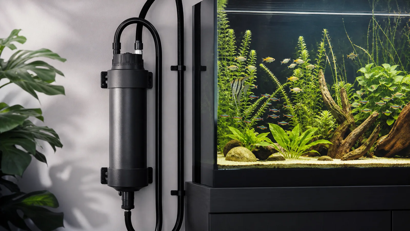 Closed aquarium UV sterilizer safely plumbed beside a freshwater tank